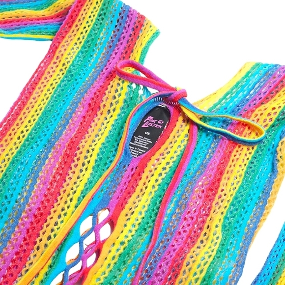 Pink Lipstick Rainbow Long Sleeve Crochet Festival Bodysuit One Size - Picture 4 of 9